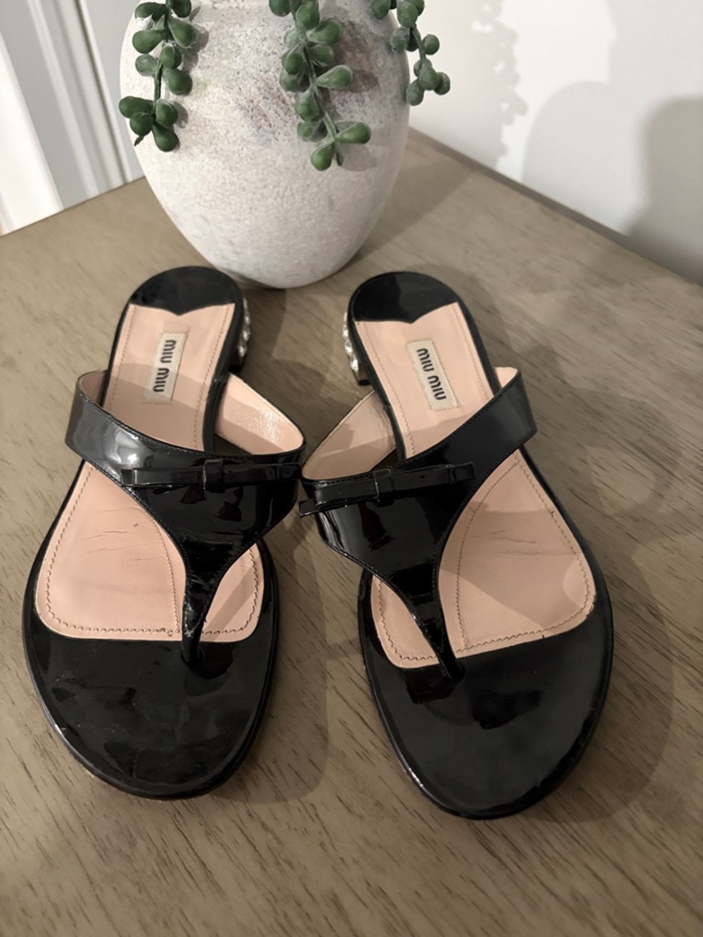Miu Miu Black Patent Leather Thong Sandals with Nude Insole